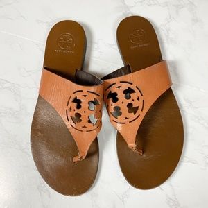 Tory Burch Tan Leather Cut Out Logo Thong Sandals
